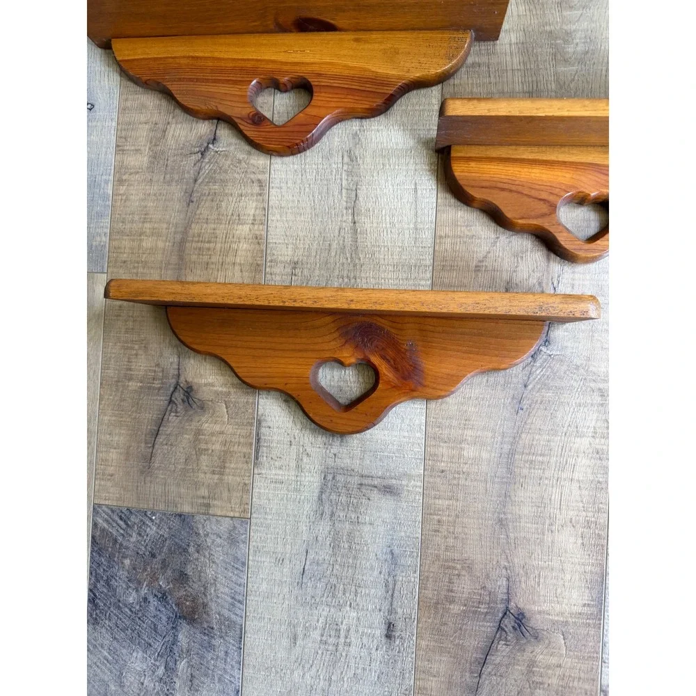 Vintage Solid Wood Heart Cutout Floating Wall Shelves Set of 3 Country Farmhouse